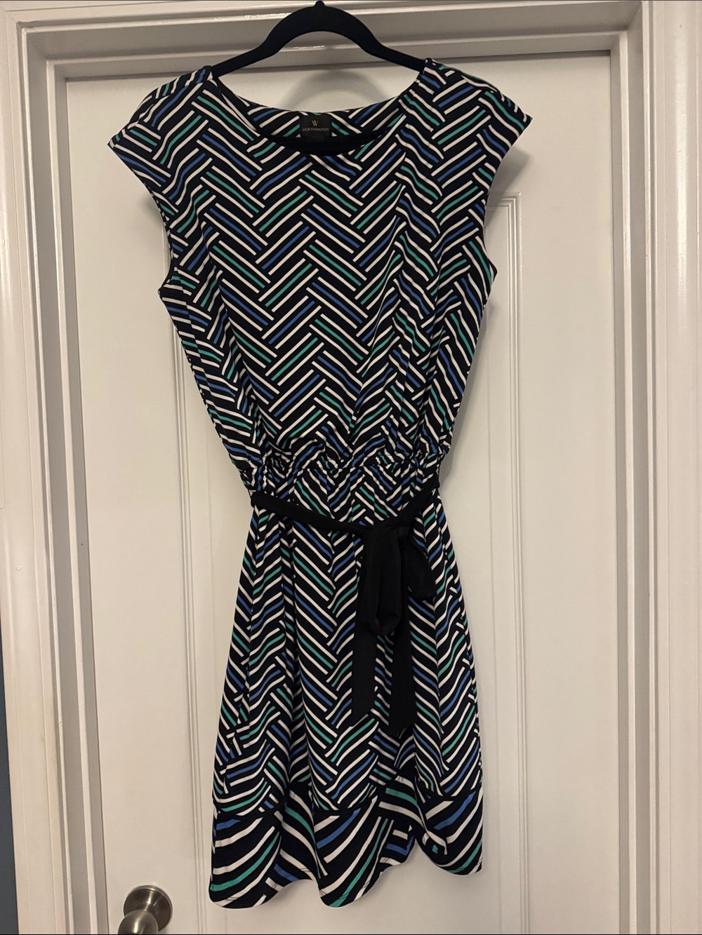 Worthington Black, White & Teal Geometric Cap-Sleeve Mini Dress